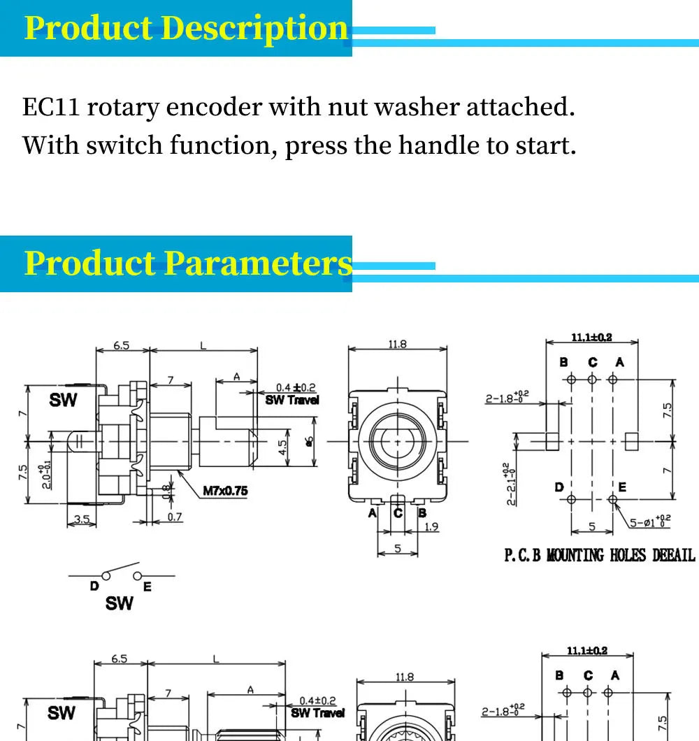 5PCS/LOT 20 Position 360 Degree Rotary Encoder EC11 w Push Button 5Pin Handle Long 15/20MM With A Built In Push Button Switch