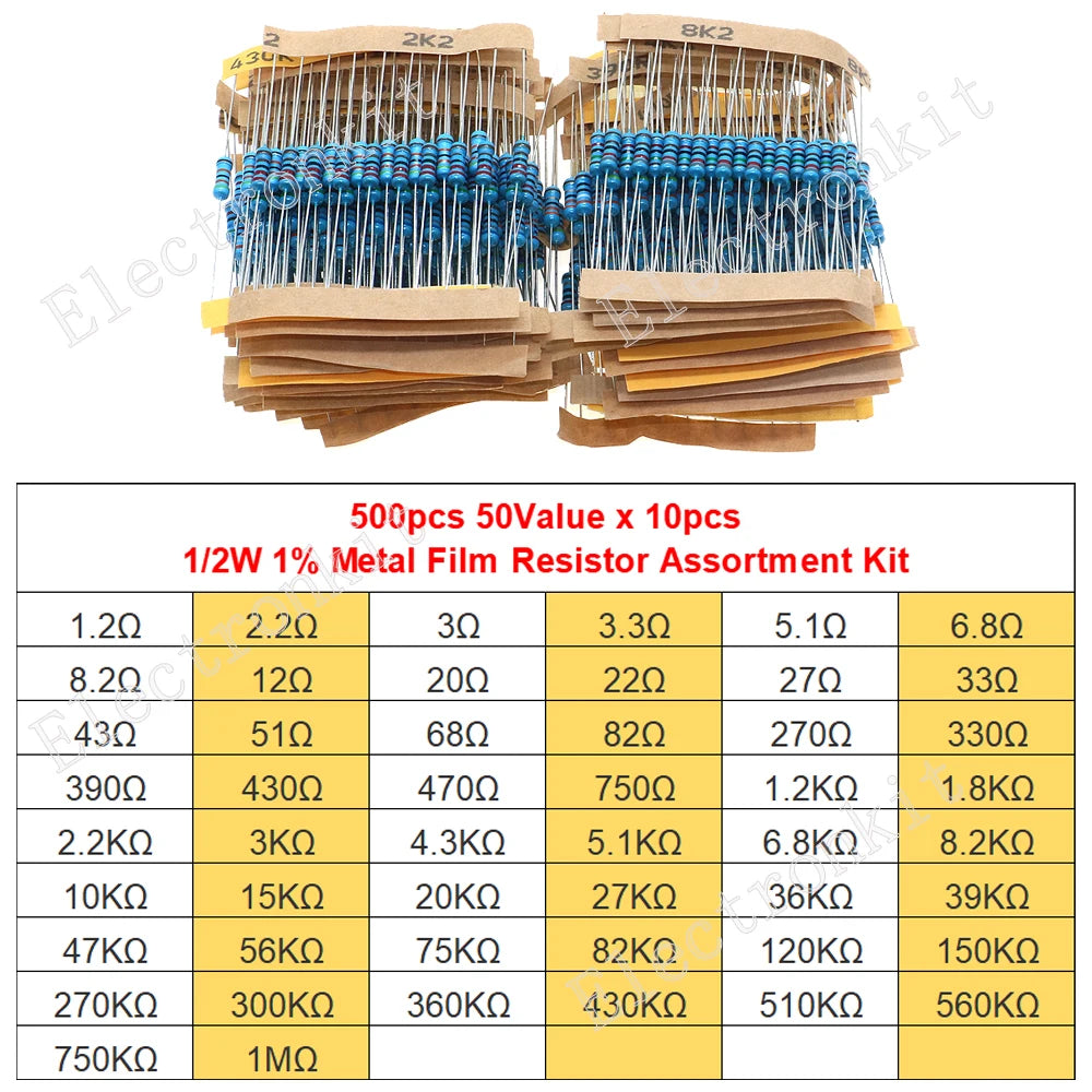 1/8W 1/4W 1/2W 1W 2W 3W 5W 1% Metal Film Resistors Assortment Kit Electronic Components 5 Color ring Resistor Package