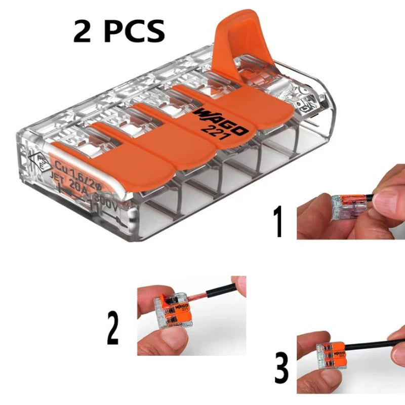 2pcs WAGO 221‑415 Lever‑Nuts 5‑Conductor Lever Wire Connector, Reusable Splicing Terminal Block for Solid Stranded Fine‑Stranded