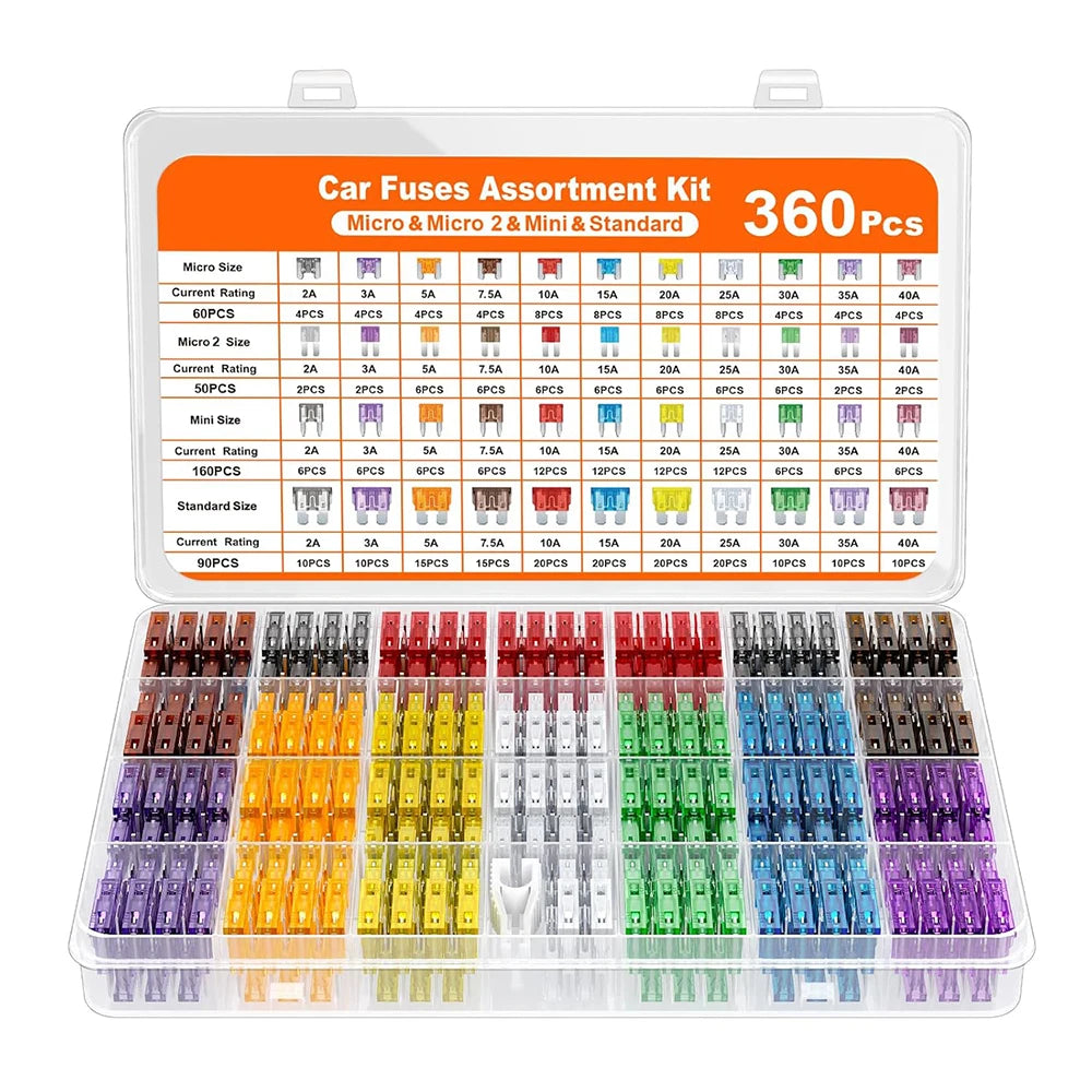 360pcs Of Blade Fuse Assortment Kit,160 Mini Blade Fuses + 90 Standard  Fuses + 50 Micro Fuse + 60 Micro2 Fuses (2A -40A)