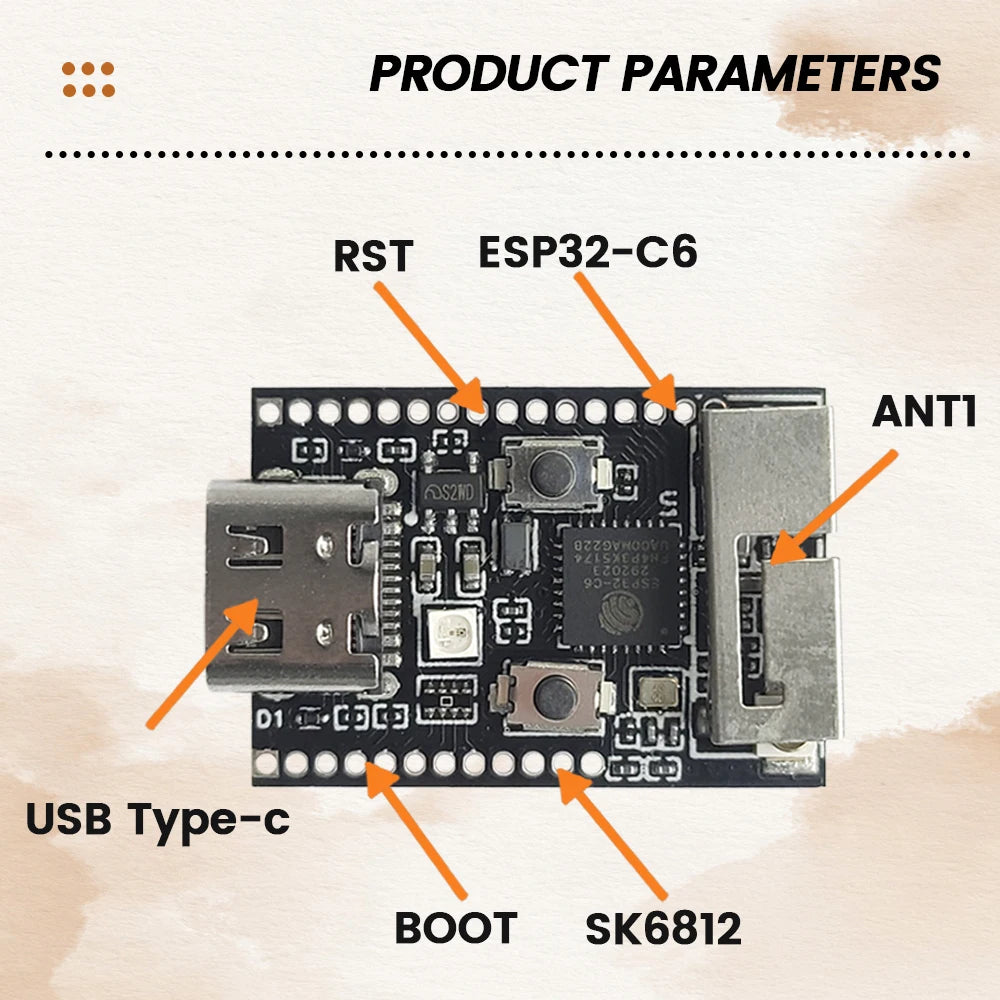 Wifi6 ESP32 C6 Development Board BT Wifi Module with Crystal Oscillator RGB LED 4MB FLASH USB Type-C RISC-V 32-Bit ESP32-C6 N4