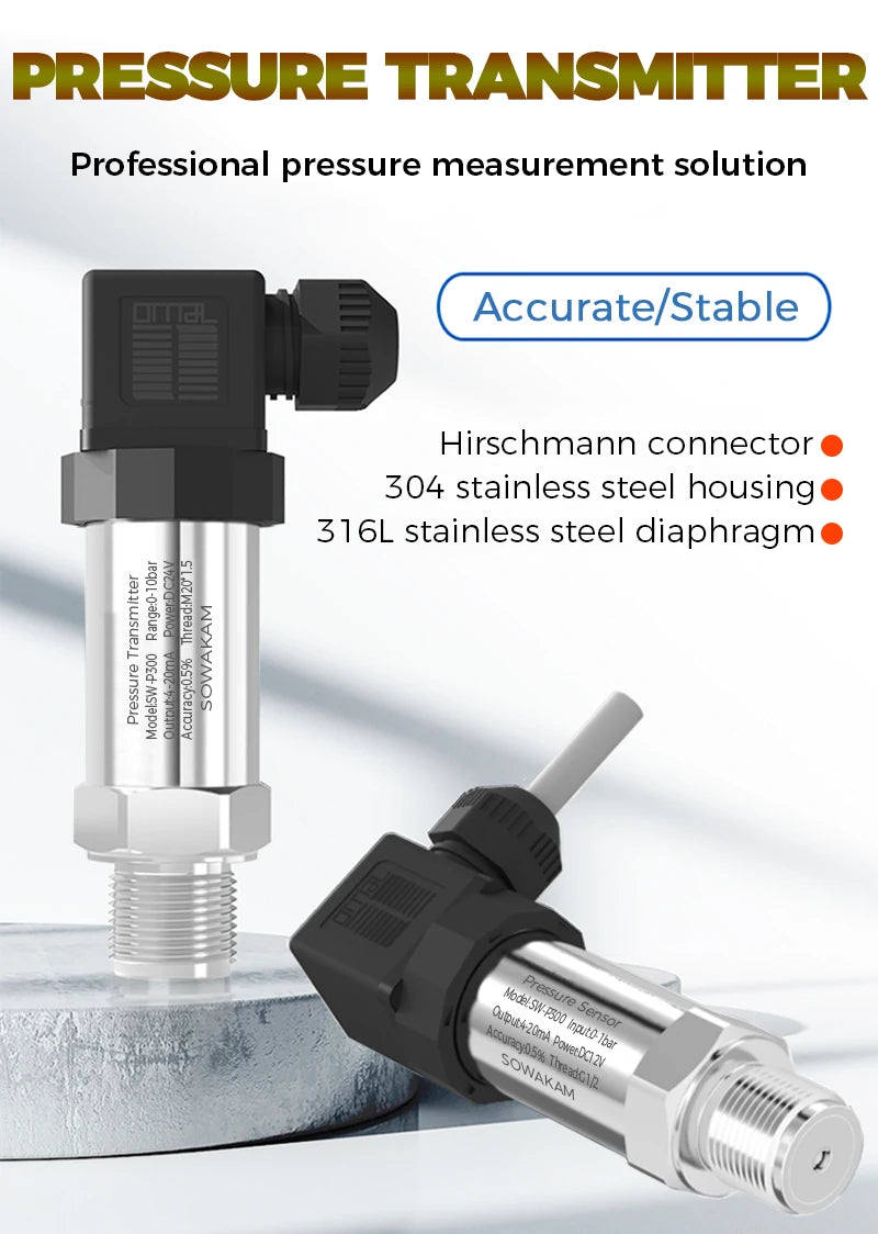 Pressure Transducer 4 20mA Water Gas Oil Liquid Pressure Sensor -1-0-1000bar 24VDC Positive Negative Vacuum Pressure Transmitter