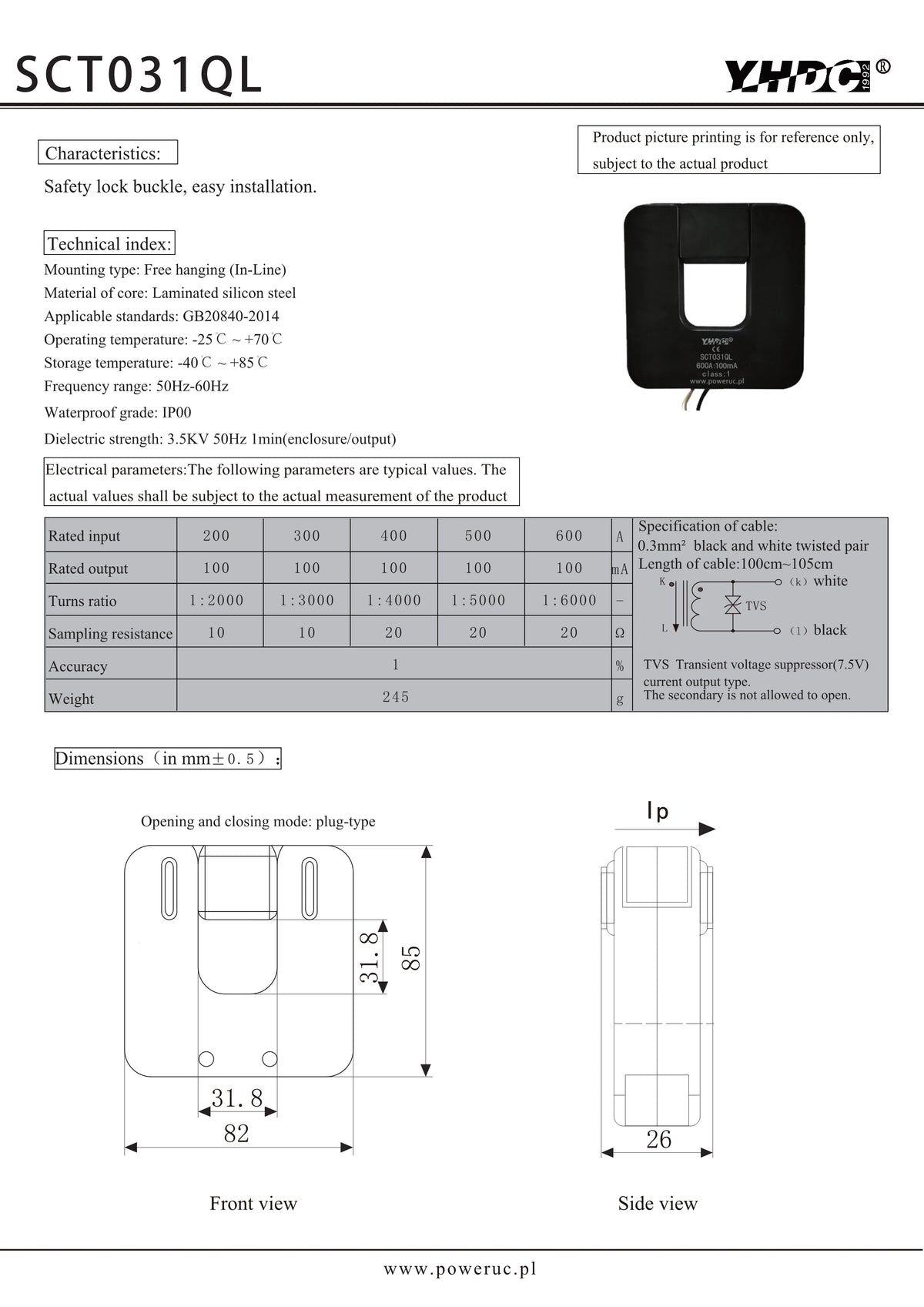 QL Series SCT031QL Input 100A 200A 300A 400A 500A 600A Output 0.333V/0.1A Accuracy 1% Split Core Current Transformer