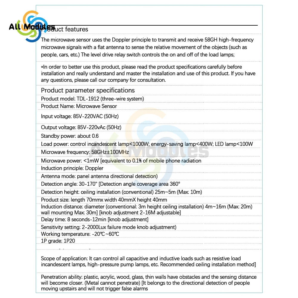 AC 220V 5.8GHz Microwave Radar Sensor Switch Human Body Motion Induction Sensor for LED Light Sensors Switches
