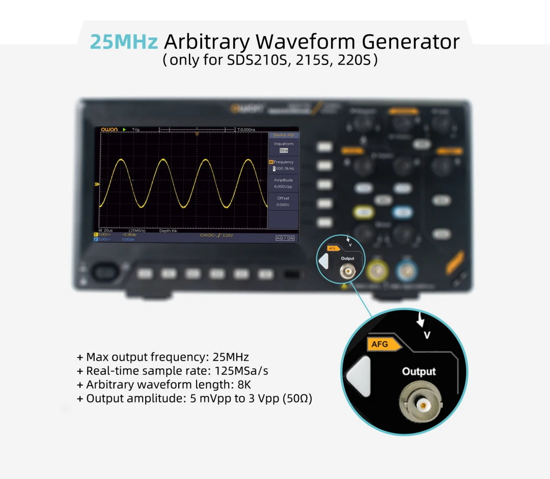 Owon SDS210S 2CH 100-200MHz 1GS/s 14Bit 25MHz FFT Scope Digital Oscilloscope  with Signal Generator Function