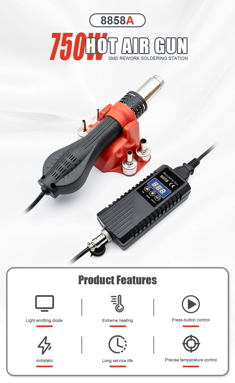 JCD 8858A Micro Hot Air Gun 750W Soldering Rework Station LCD Digital Display Hair Dryer Welding Repair Tools BGA SMD Heat Gun