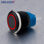 ABILKEEN 22MM Black Shell Push Button Switch LED Ring Illuminate Momentary/Latching Function 1NO1NC IP65 Waterproof Push Button