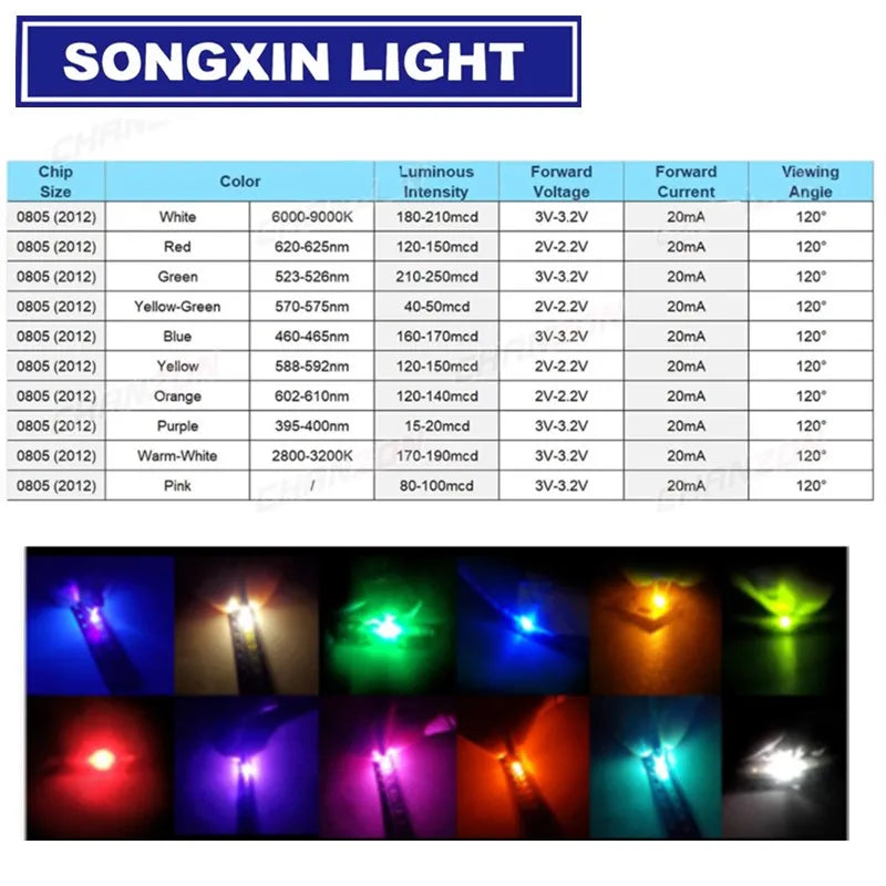 SAMIROB 100pcs/Lot 0805 SMD LED White Ice Blue Red Blue Yellow Green Orange Warm White Pink Purple RGB 2012 Light Emitting Diode