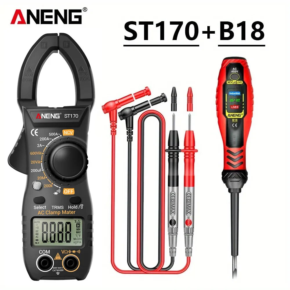 ANENG ST170 Clamp Meter Digital Multimeter Tester 500A AC Current AC/DC Voltage+B18 Highlight Voltage Tester Pen Electrician Set