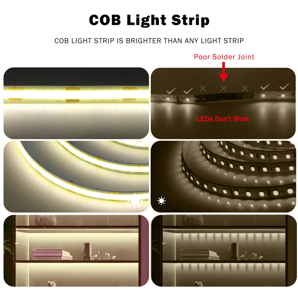 5V Flexible COB LED Strip Light 320LEDs/m White/Red/Blue/Green USB Power with Dimmer/Switch Adhesive Tape Cabinet Room Lighting