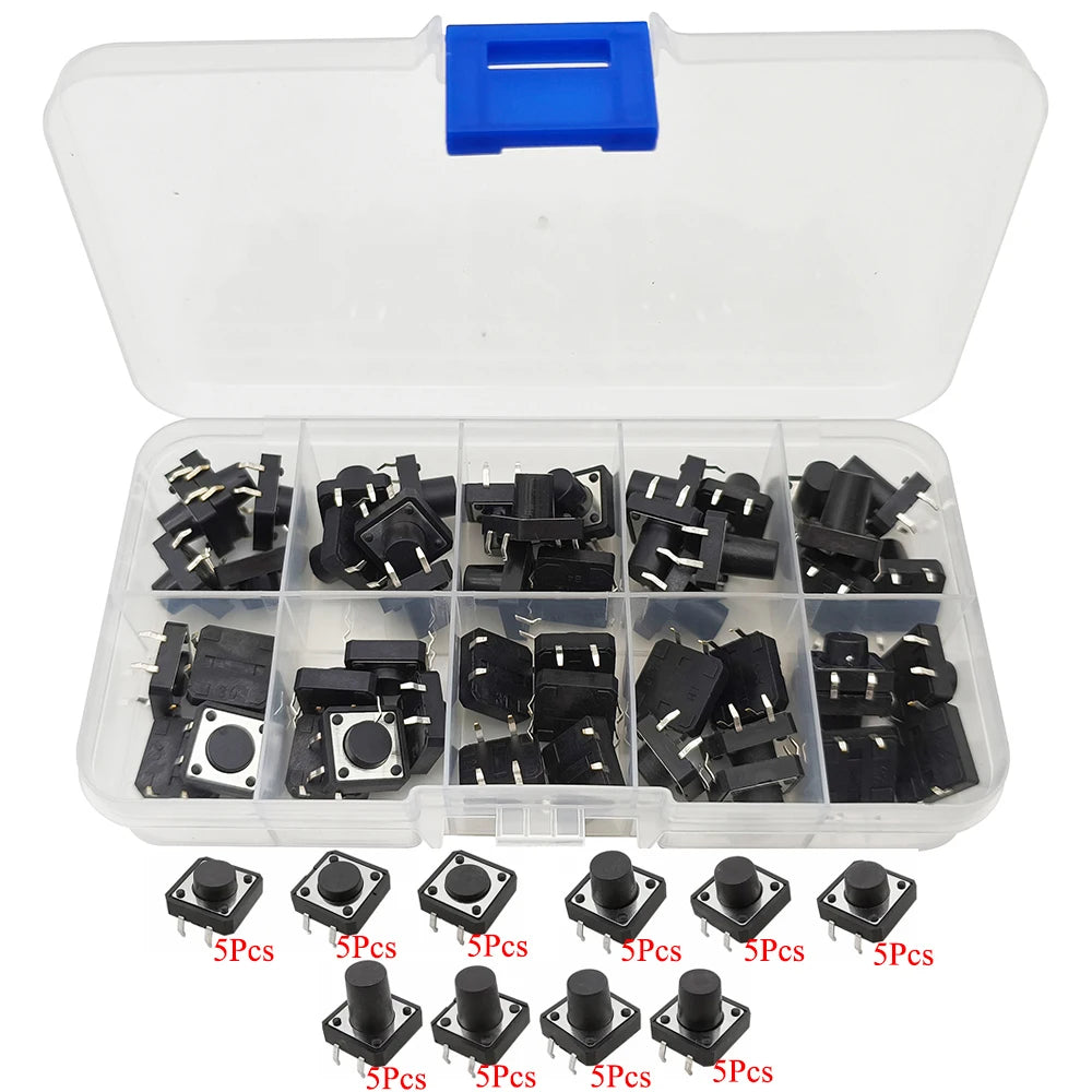 1Box 6x6mm 12x12mm Tactile Tact Push Button Mini Micro Switch Kit PCB Momentary Self-reset Switches DIP 2Pin 4Pin ON/OFF