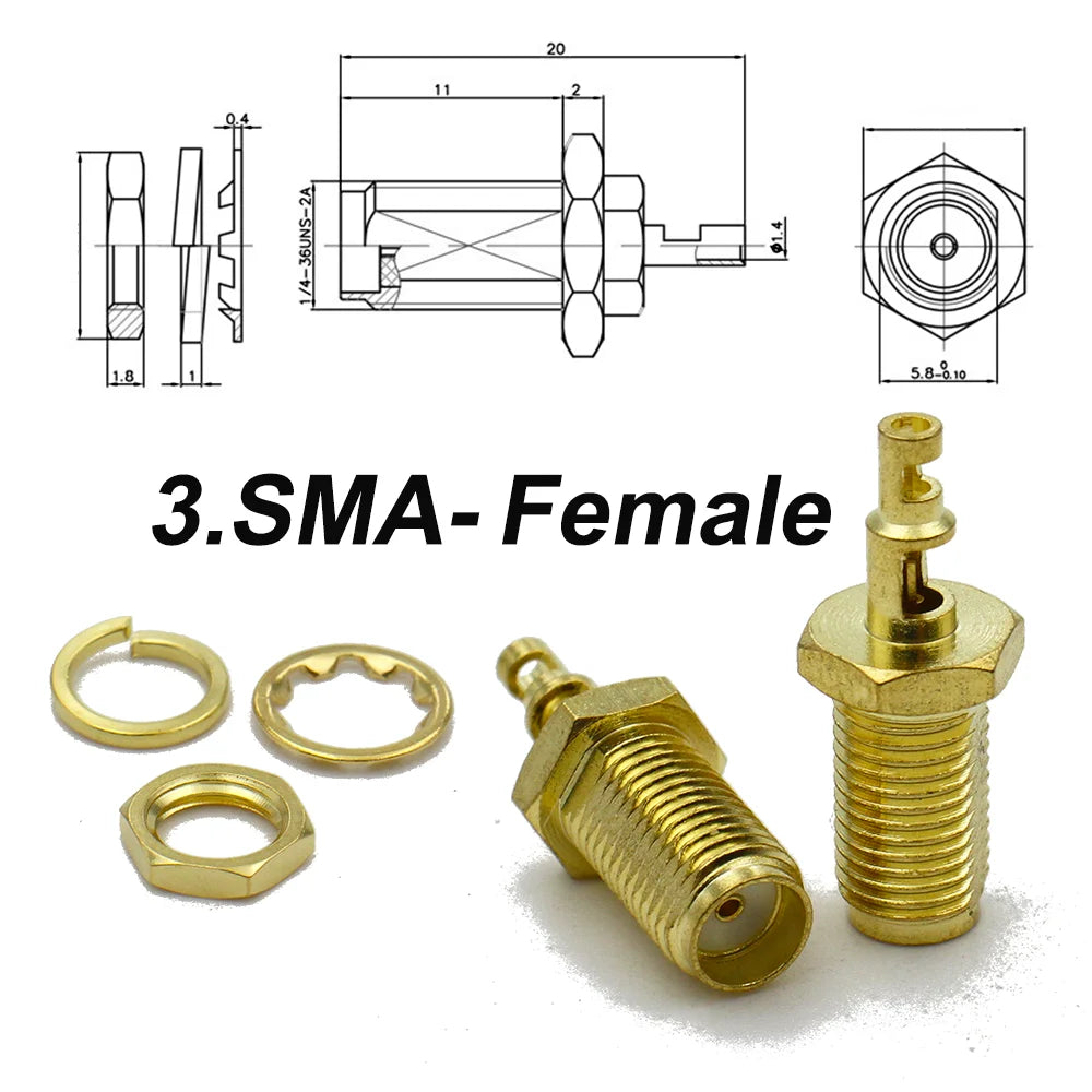 2pcs/lot SMA Male Female RF Connector Welded Two Windows RP SMA O-ring Bulkhead Straight Connector 50ohm 1.13 Cable Brass