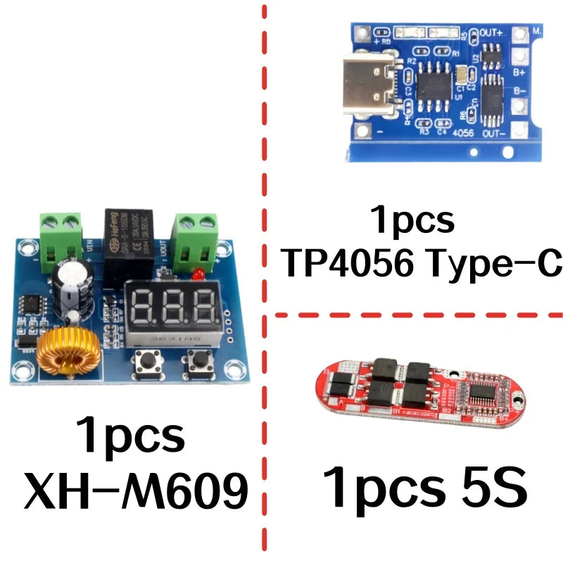 3S 4S 5S BMS Li-ion Protection Board, 25A Common Port, XH-M609 Low Voltage Cutoff, TP4056 Type-C Charger, Individual Sale
