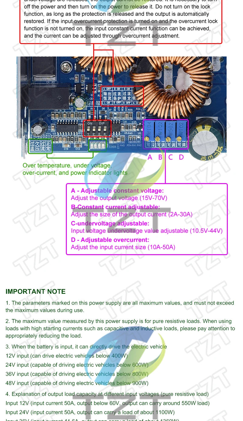 1500W 50A High Power Charging Power Supply DC-DC 10.5-60V to 15-70V Step Up Boost Converter Voltage Regulator Power Transformer