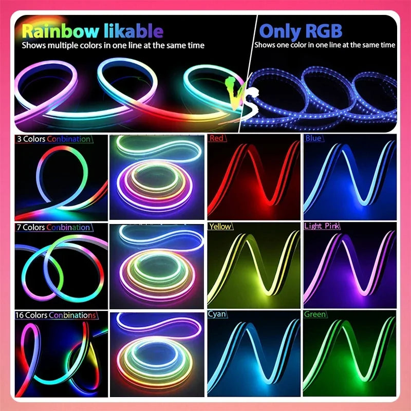 TUYA Neon LED Strip Lights Silicone Neon Rope Light 5-24V 84LEDs/M with Music Sync RGBIC Dreamcolor Chasing Strip Tape for Room