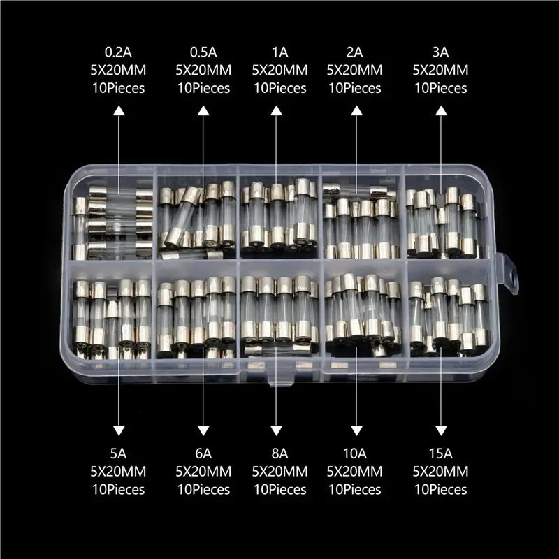 100pcs 5x20mm Glass Fuse Assortment Kit 0.25A to 20A Fast-Acting Fuses for Electronics Amplifier Power Supply Protection