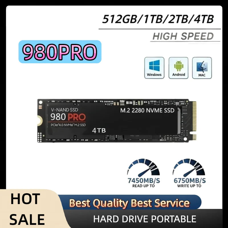 Original 980Pro 1TB 2TB PCIe Gen4 NVMe M.2 SSD, 3D TLC NAND, 7000MB/s Read, Perfect for Laptops, PCs, and Creative Workstations.