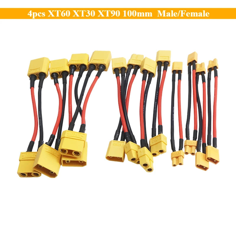4pcs XT60 XT30 XT90 Battery Connector 100mm Silicone Wire Male/Female Dual Extension for Battery Charger Motor Expand DIY