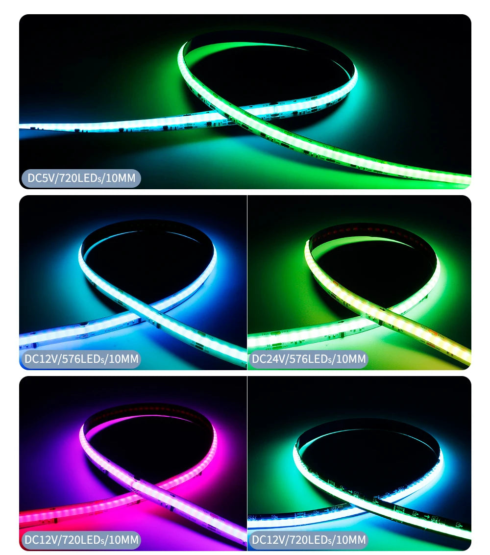 WS2811 Addressable SPI RGB IC COB LED Light Strip Dream Color 576/720LEDs/m WS2812B High Flexible FOB Lights RA90 DC5V/12V/24V
