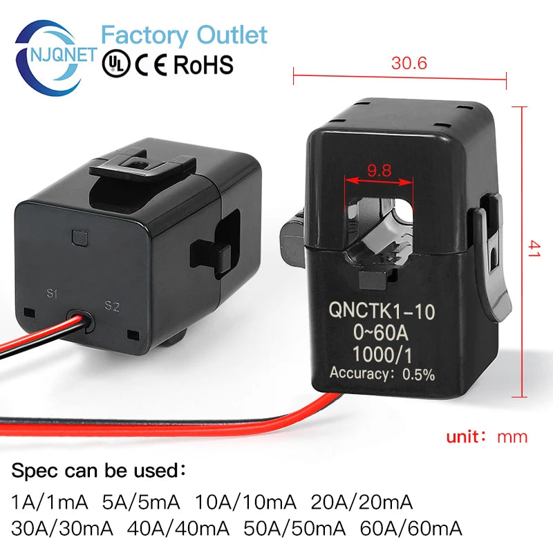 Split Core Current Transformer CT QNCTK1-10 5A 5mA 5A 2.5mA 2000 1 1000 QNCTK1-16 100A 50mA 100A 40mA Clamp Current Sensor