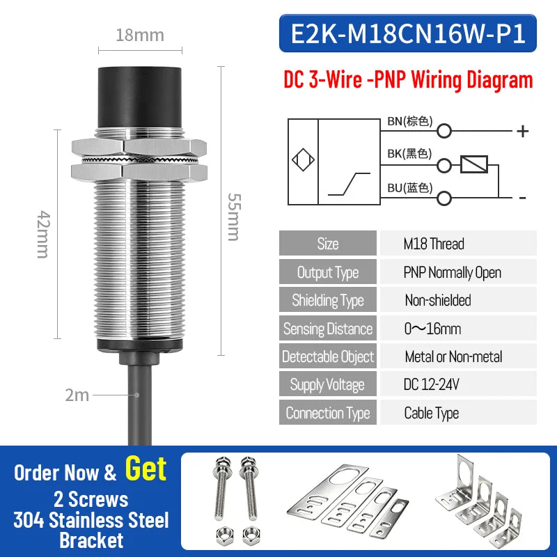 ZHICAN E2K M12 M18 Capacitive Proximity Sensor 30mm Long Range Plastics Glass Wood Metals Nonmetal Material Detection Switch