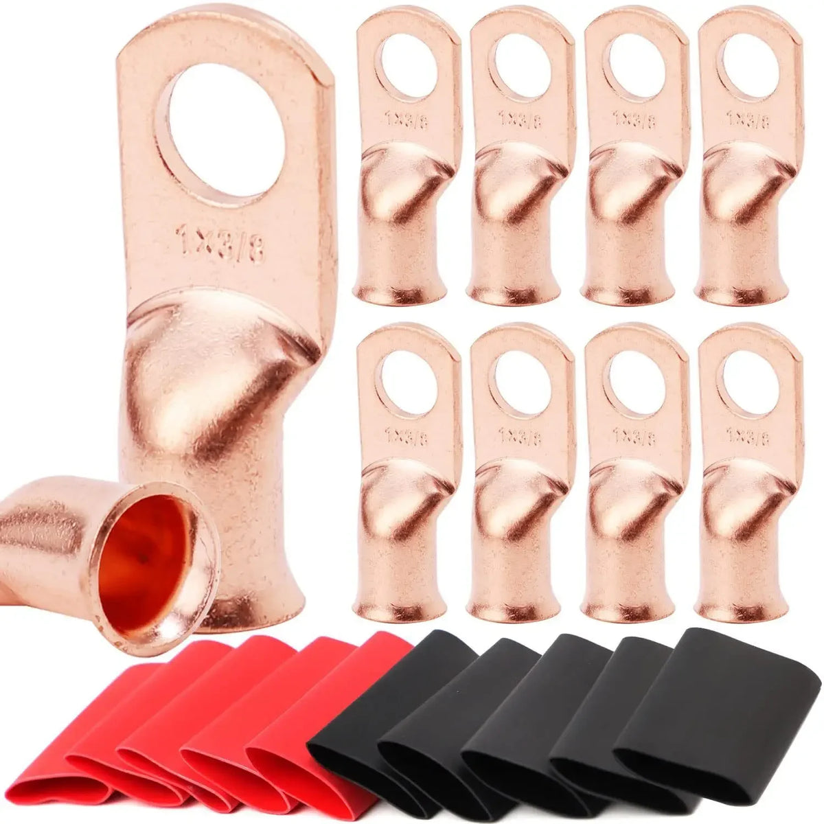10pcs Copper Terminal Connectors, AWG 2 4 6 8 1/0 2/0 Ring Lug With Shrink Tubing 10Battery Cable Lugs, With 10 Shrink Tubing