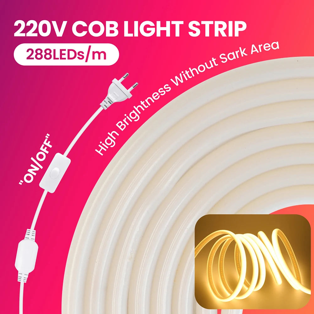 Dimmable 220V COB LED Neon Strip Light Switch Dimmer Power Kit 5m 10m 30m 3000K 4000K 6000K 288 LEDs Flex Tape 0.5m Waterproof