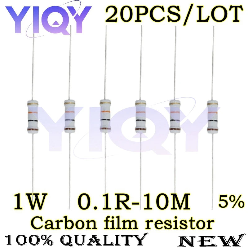 20PCS Carbon film resistor 1W 5% 0.1R-4.7M 10R 100R 220R 1K 1.5K 2.2K 4.7K 10K 22K 68K 100K 100 220 1K5 2K2 4K7 Ohm Resistance