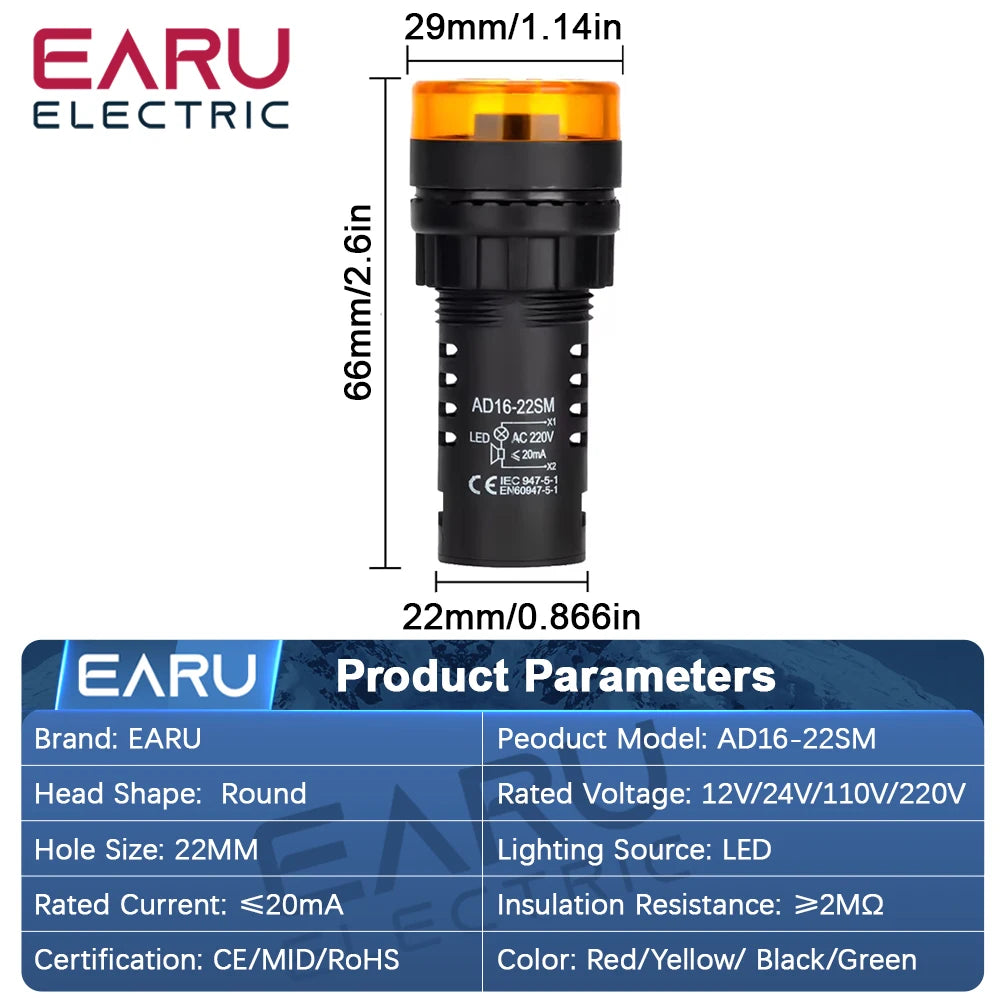 EARU AD16-22SM 22MM Panel Diameter Audible & Visual Warm Alarm Beep Buzzer LED Pilot Signal Indicator Light Lamp 12/24/110/220V
