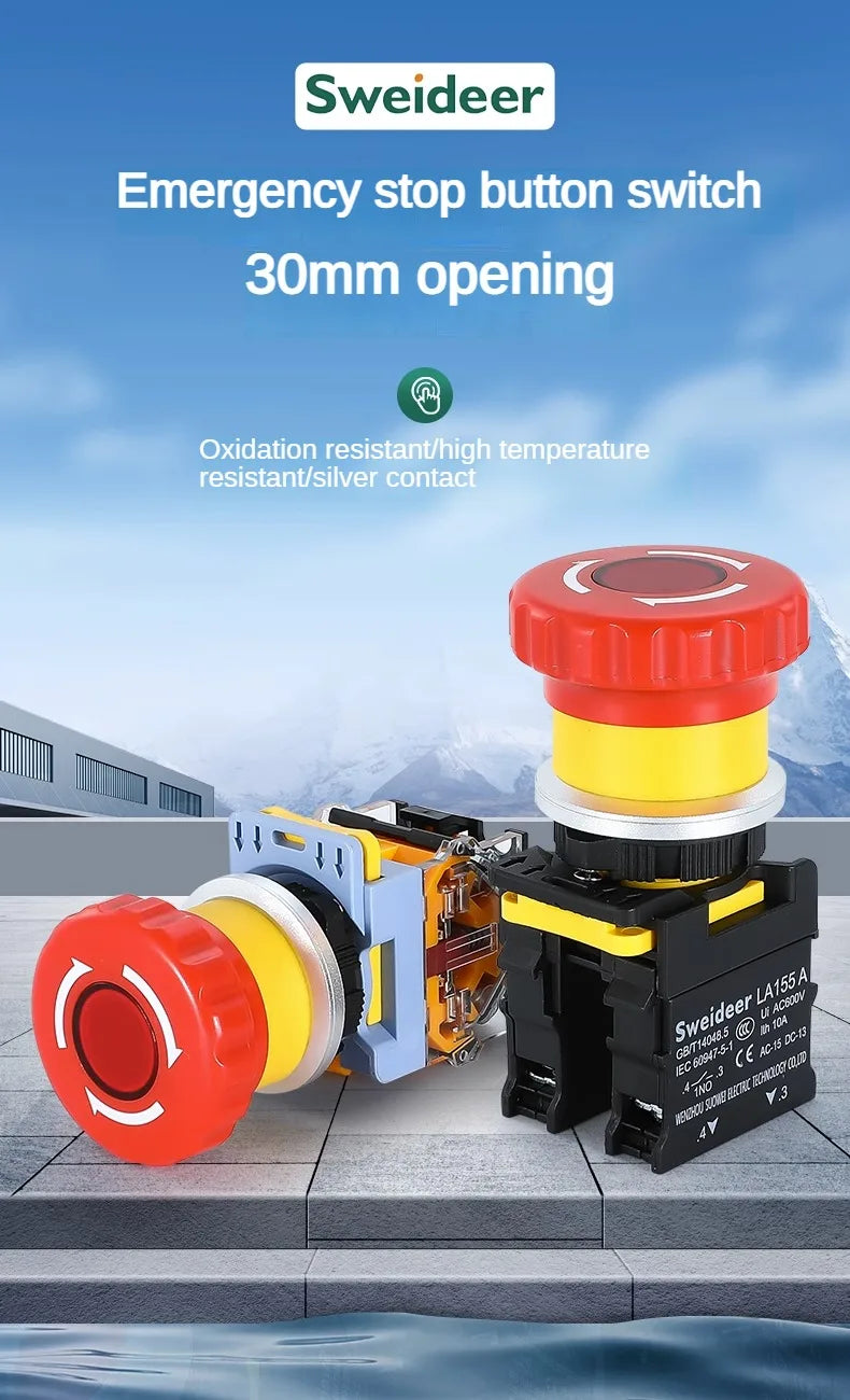 30mm Emergency Stop Button Switch with Light Mushroom Emergency Stop Power Switch Control Electrical Starter Switch 220V 10A NC