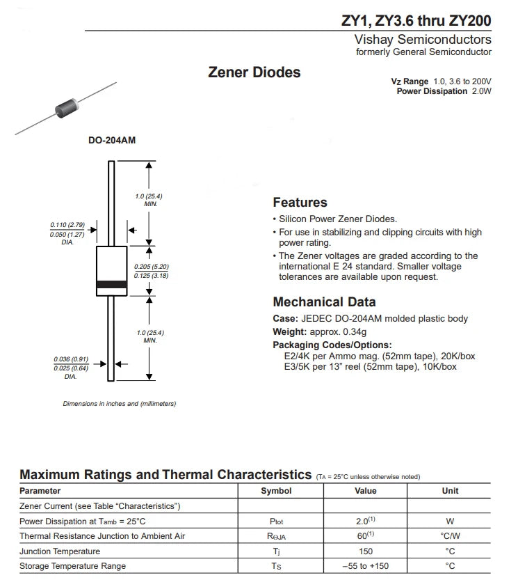 50PCS 2W Zener Diode ZY16 ZY18 ZY20 ZY22 ZY24 ZY27 ZY30 ZY33 ZY36 ZY39 ZY43 ZY47 ZY51 ZY56 ZY62 ZY68 ZY75 ZY82 ZY91 DO-204AM