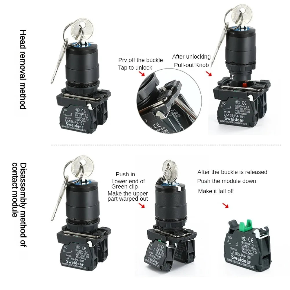 XB4 22mm Key Select Knob Switch 2/3 Position Self Locking Momentary Self Reset Key Emergency Stop Power Push Button Switch 10A