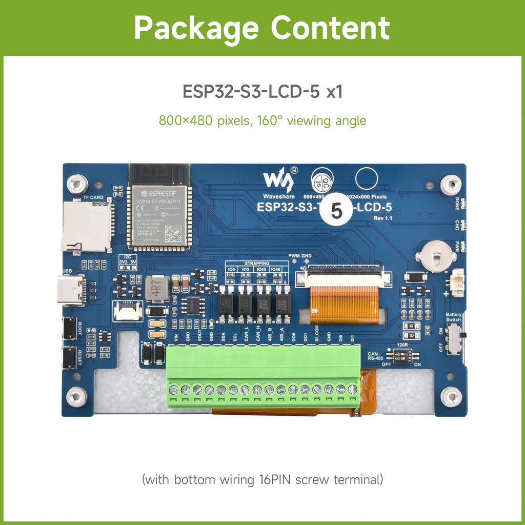 Waveshare ESP32-S3 5inch Capacitive Touch Display Development Board, 5-Point, 32-Bit LX7 Dual-Core Processor, ESP32 With Display
