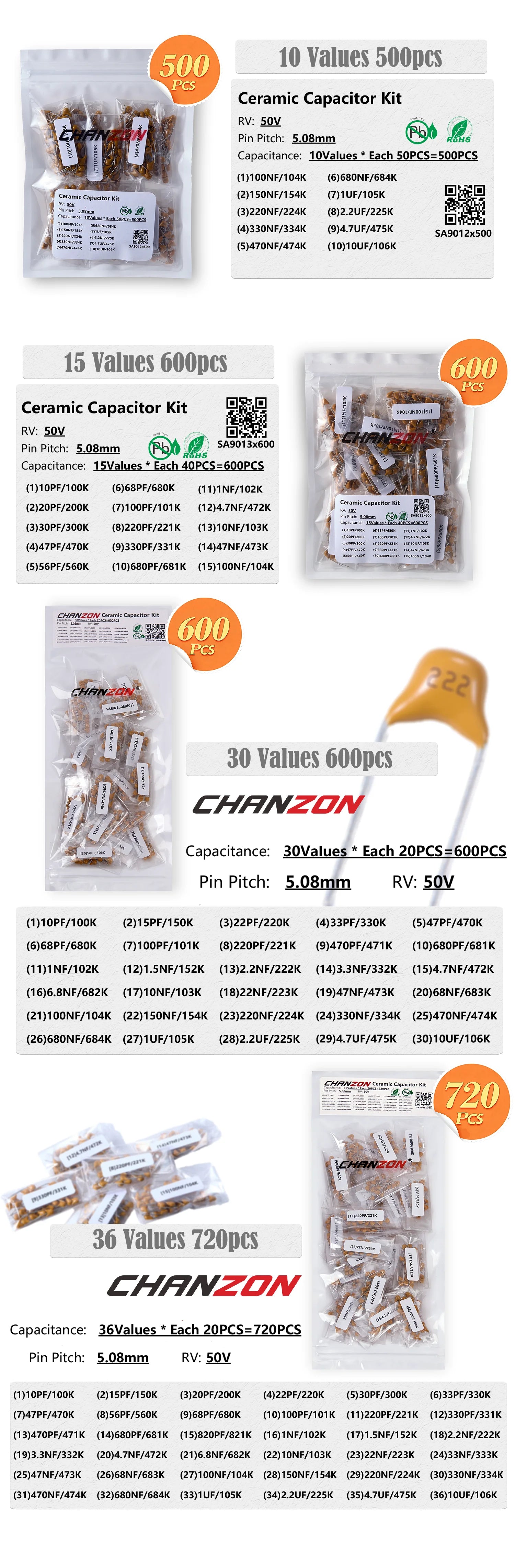 500-720pcs 36Values Ceramic Capacitor kit High Voltage Ceramic Chip Assortment Polypropylene Safety Plastic Film Y Capacitor