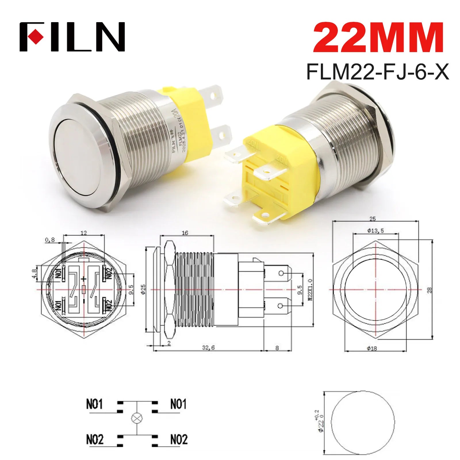 High Current 19mm 22mm 20A 12V 24V 110V 220V IP68 Waterproof Flat Ring Round Push Button Switch Metal Stainless Steel 20cm Wire