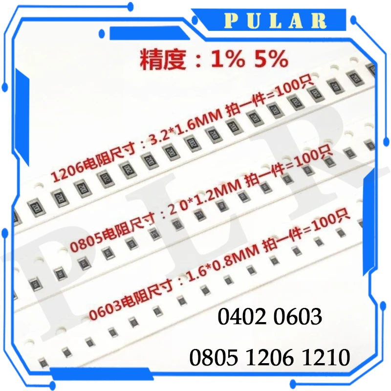 100PCS 5% SMD resistor 0402 0603 0805 1206 1210 1K 1K2 1K5 1K6 1K8 2K 2K2 2K4 2K7 3K 3K3 3K6 4K7 5K1 5K6 6K2 6K8 7K5 8K2 9K1 10K