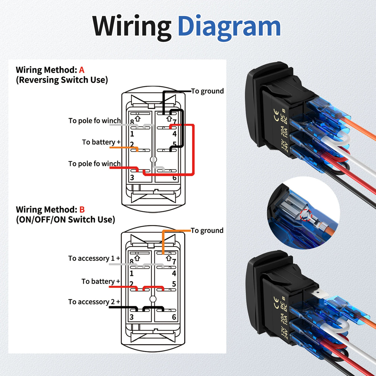 Momentary Rocker Switch 12V 24V Up Down Reverse Polarity DPDT 7 Pin Arrow Rocker Switch (ON)-Off-(ON) Toggle Switch with Wires
