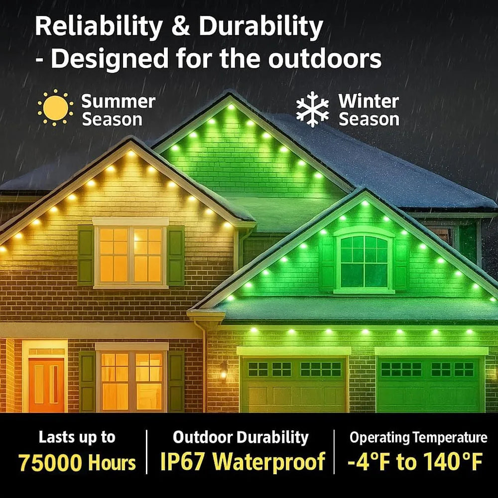150ft Smart Permanent Outdoor Lights 90LED RGB String Lights IP67 Waterproof Eaves Light with Alexa & Google for Halloween Decor