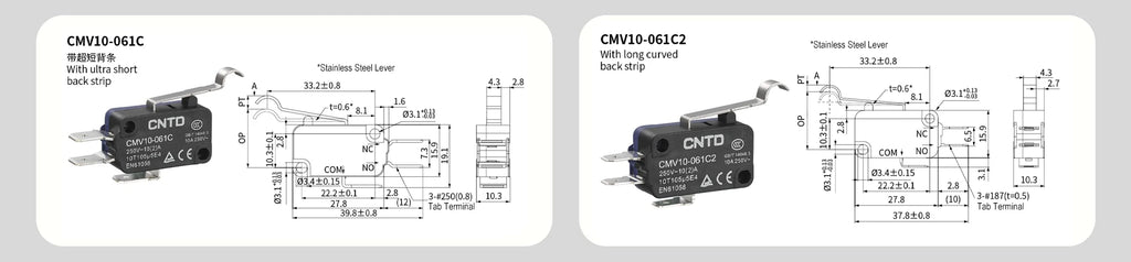 5pcs CNTD CMV10-061C/061C2 Mini Snap Action Micro Switch 10A 250V AC SPDT 1NO1NC Long Curved Lever Limit Switch 300K 3D Printer