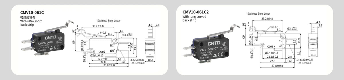 5pcs CNTD CMV10-061C/061C2 Mini Snap Action Micro Switch 10A 250V AC SPDT 1NO1NC Long Curved Lever Limit Switch 300K 3D Printer