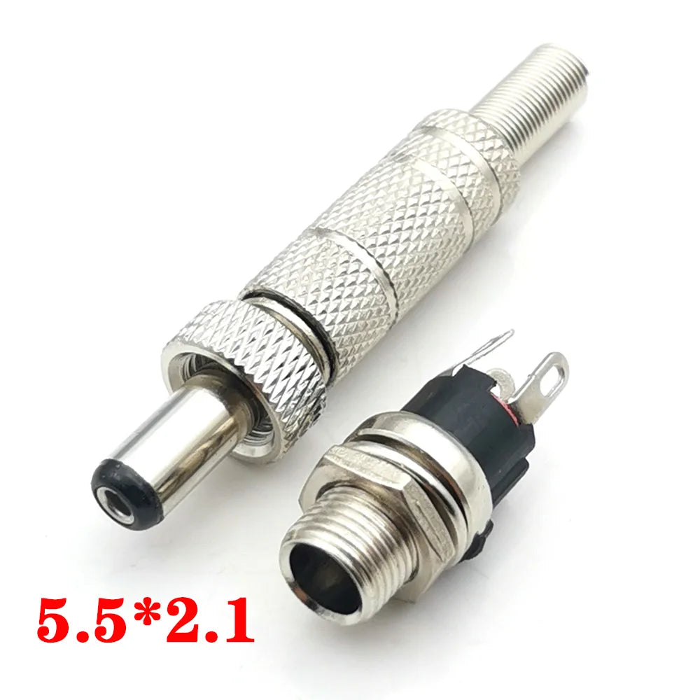 5pcs 5.5x2.5mm 5.5x2.1mm DC 12V Power Jack Male Plug Female Socket Metal Connector Adapter With Thread Lock 5.5*2.1 5.5*2.5
