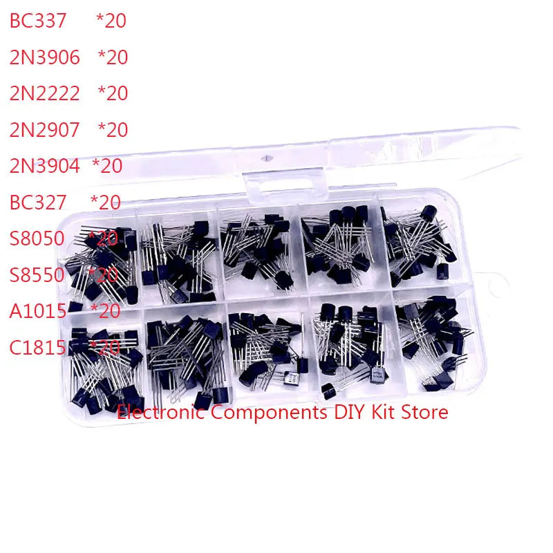 10 kinds of TO-92 specifications mixed electronic components 200 triode PNP NPN transistor kit Component box 2n222 BC337 BC327