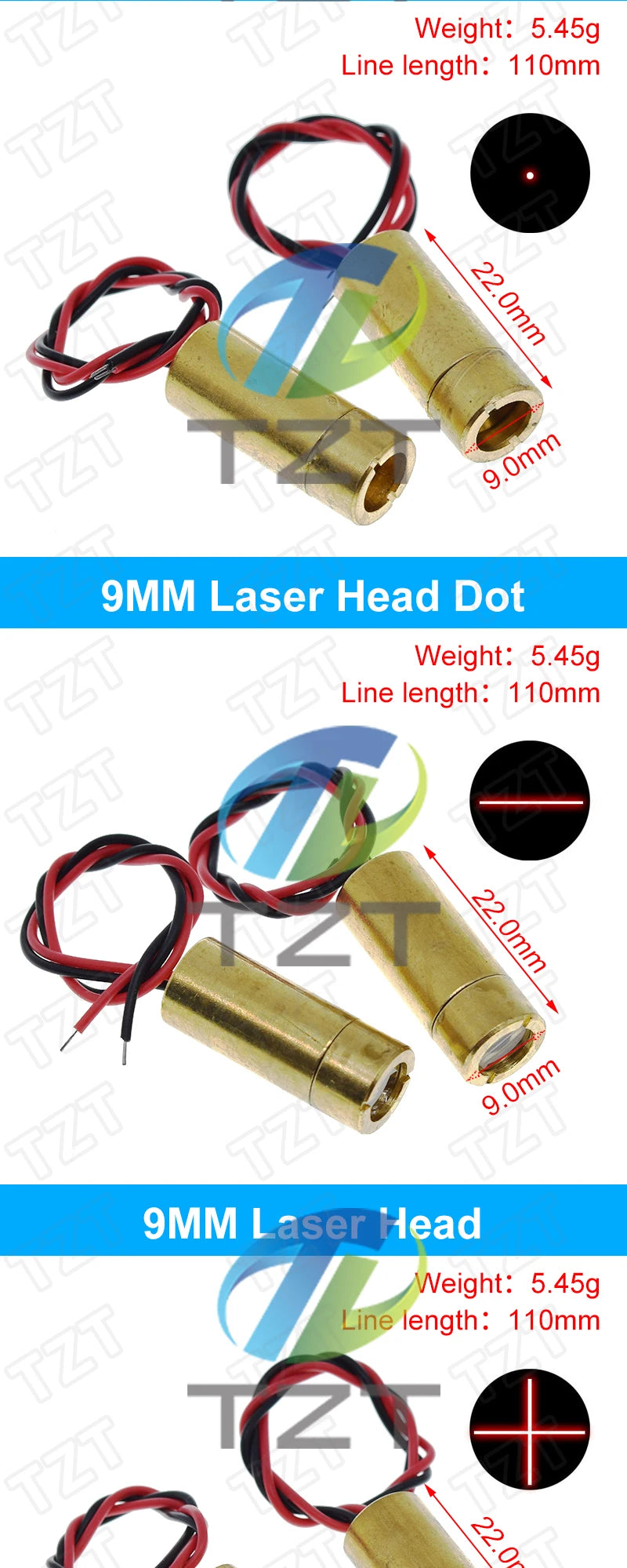 TZT 650nm 5mW 6MM 9MM 12MM Red Point / Line / Cross Laser Module Head Glass Lens Focusable Focus Adjustable Laser Head