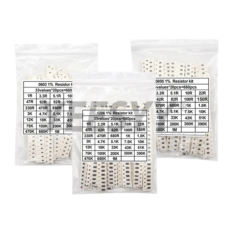 660pcs 200pcs 720pcs 4000pcs  1% 5% 0402 0603 0805 1206 1210 2512 smd resistor kit assorted kit 10k 100k 1k 1r 100r 220r 1% 5%