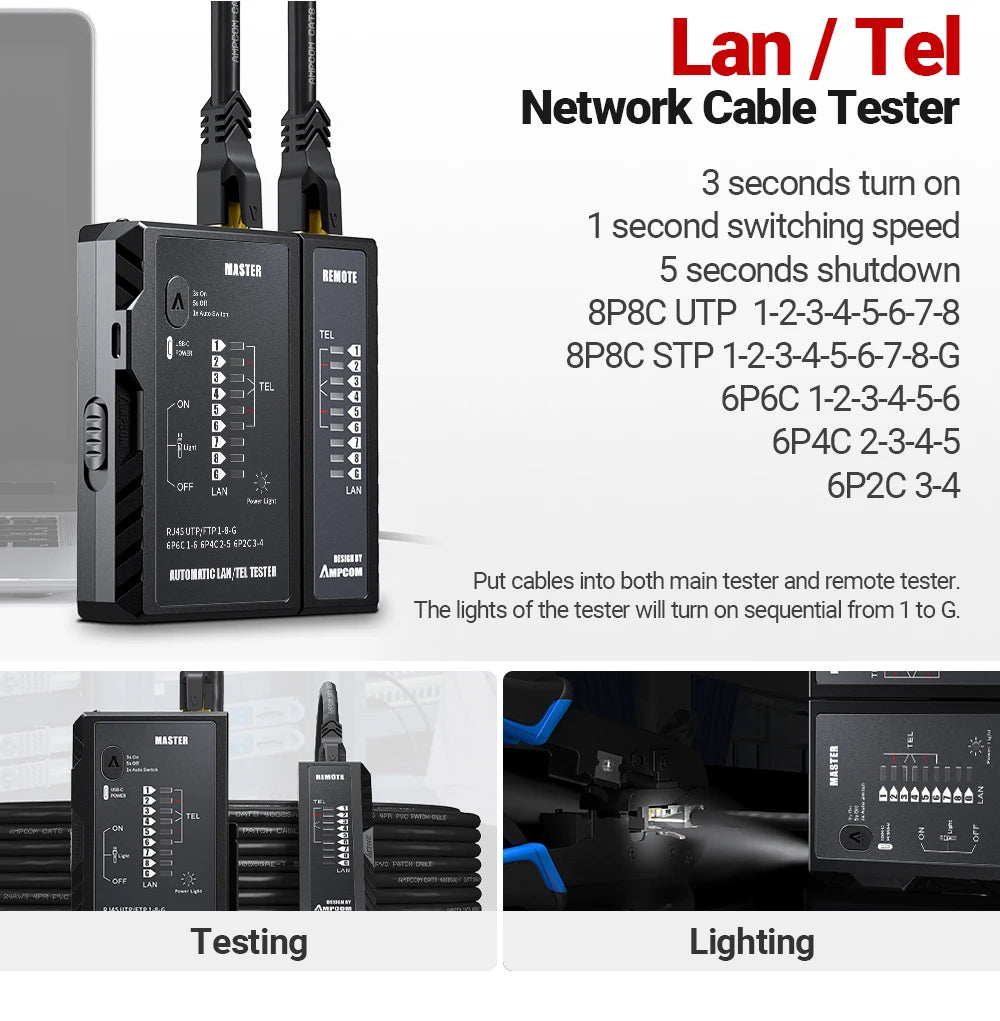 AMPCOM RJ45 Crimper Lan Tester Tool Set Ethernet Cable Stripper Punch Down Tool RJ 45 RJ11 Connectors 12 in 1 Cabling Repair Set