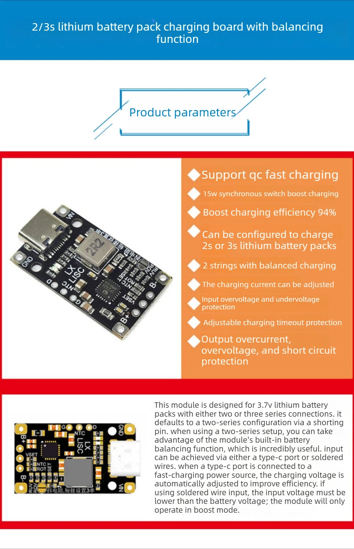 1-10PCS Type-C BMS with Balance Charging 15W Fast Charge Li-ion Battery Boost Module 2S 3S 8.4V 12.6V for DIY Charger PCB Board