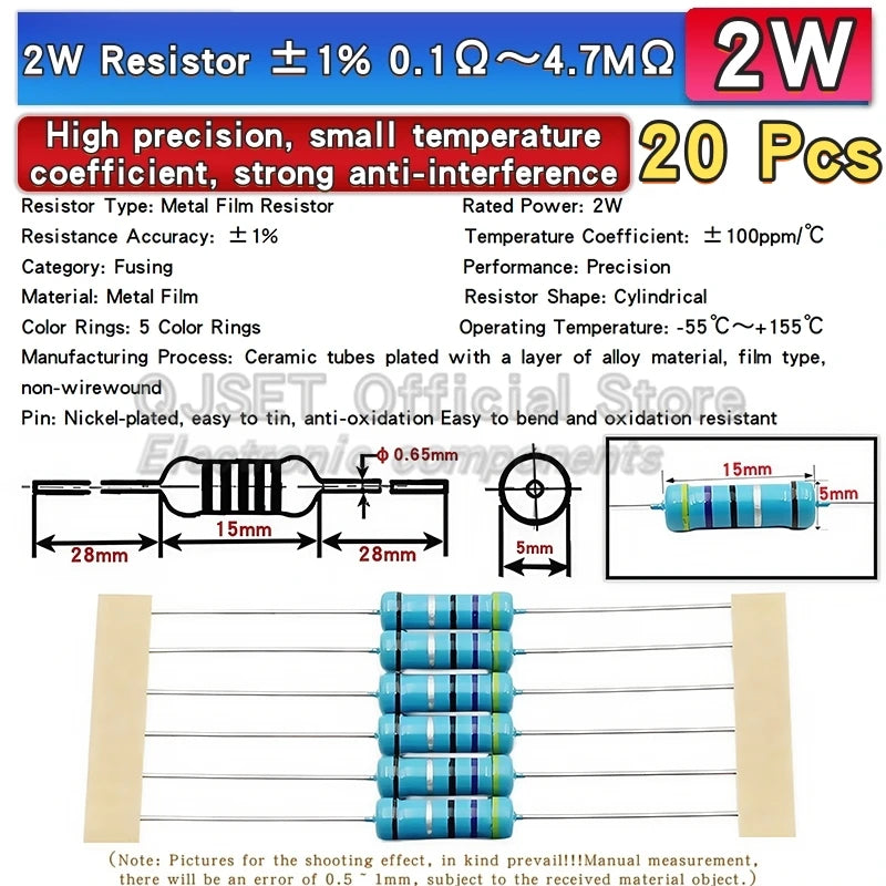 20pcs 2W Metal Film Resistors 1% 10 47 100 22 470 Ohm 1K 4.7K 10K 22k 47K 100k 200k 510k 470k 910k 1M Ohm 5 Color Ring Resistors