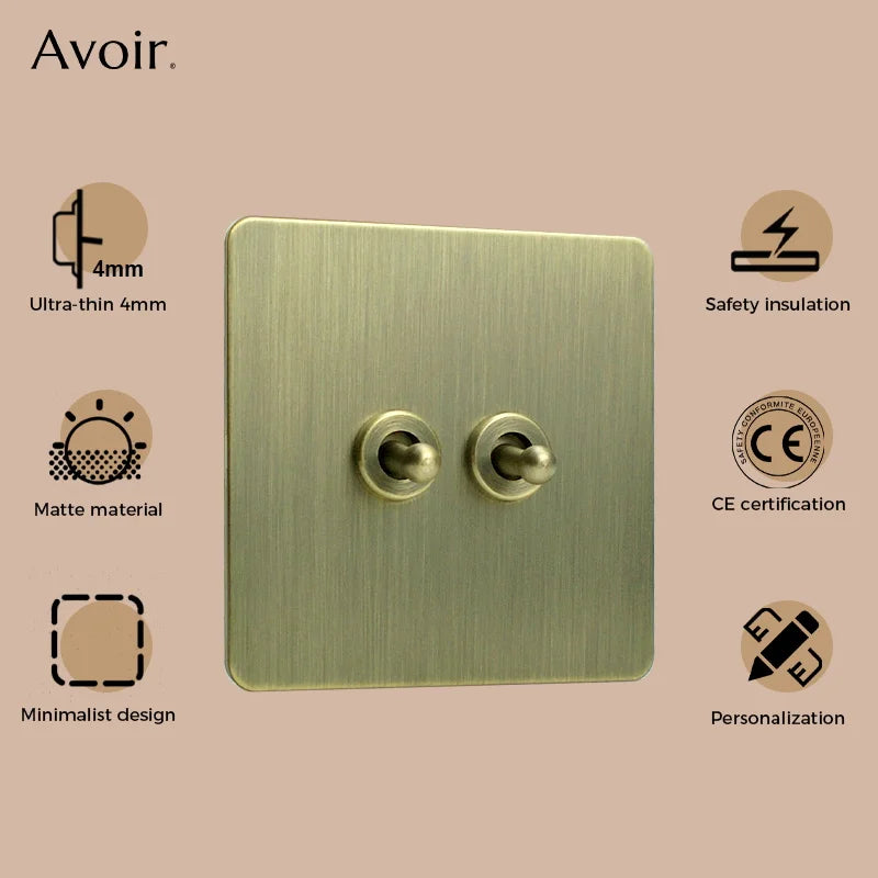 Avoir Bronze Brushed Toggle Switch 1-4 Gang 2 Way Metal Lever Wall Light Switches Standard Plug Adapter Electric Socket With Usb