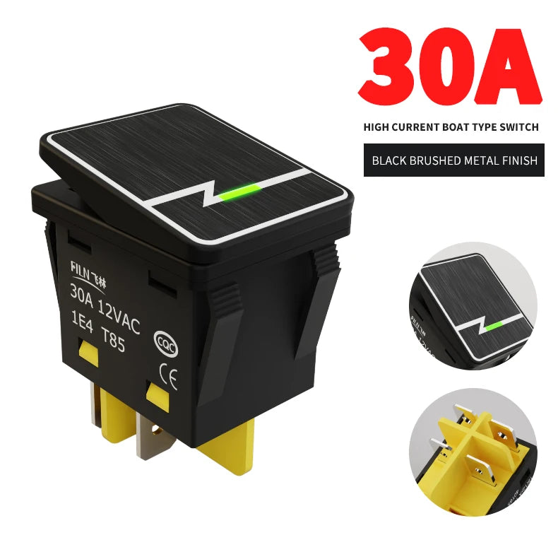 FILN 30A/220V Heavy Duty 4 Pin DPST IP67 Sealed Waterproof T85 Auto Boat Marine Toggle Rocker Switch with LED 12V 220V 30x22