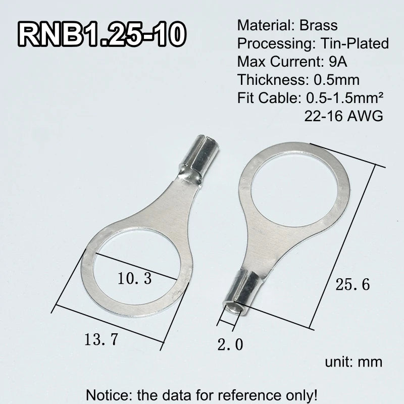 100pcs RNB Brass Ring Bare Terminal Block Connector Cable Lugs Wire Crimping Tips Electrical Connection Strips 12V 2.5mm 4mm 6mm